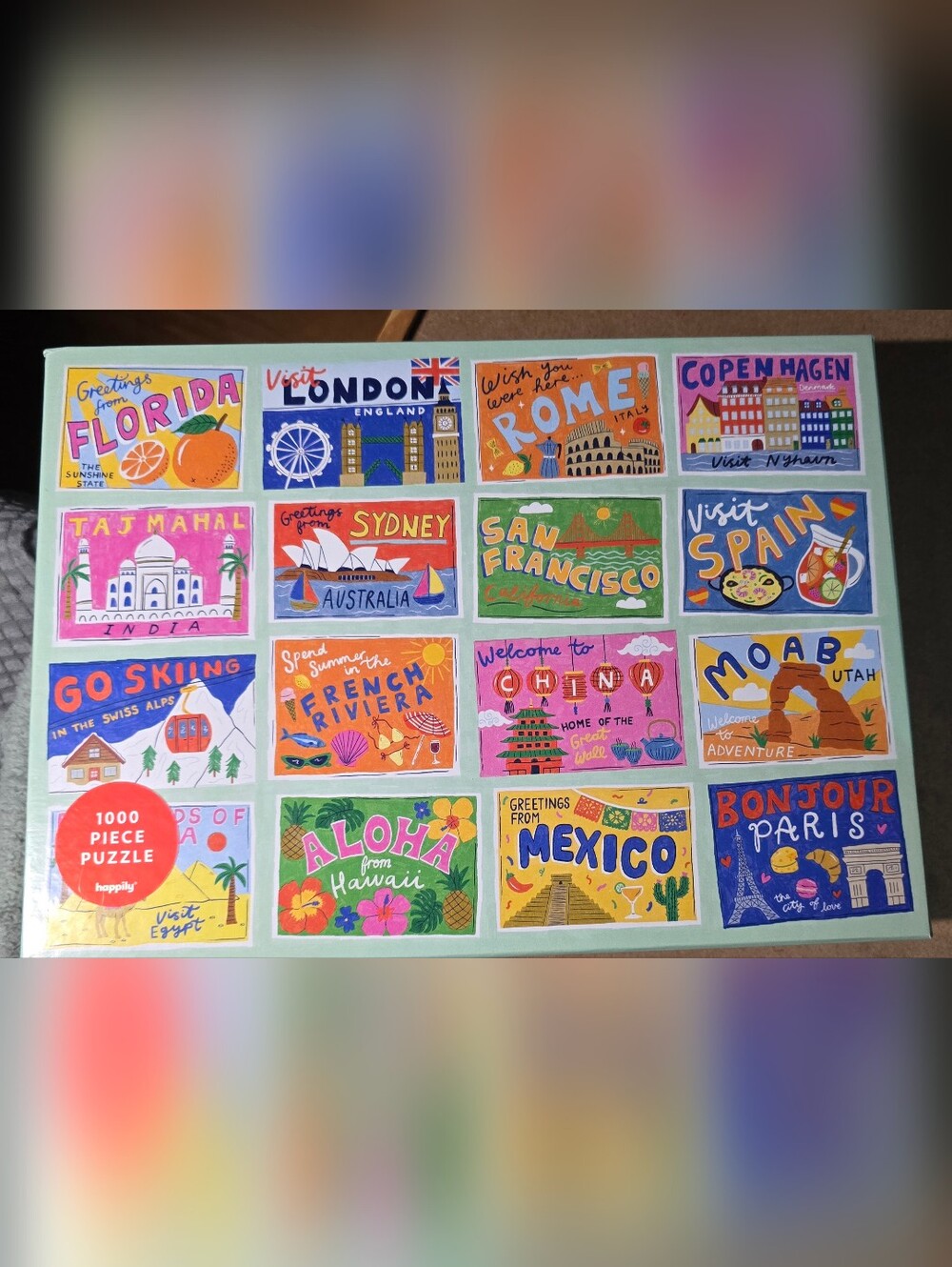 Vintage Travel Stamp Collage 1000-Piece Puzzle - Bright Multicolor